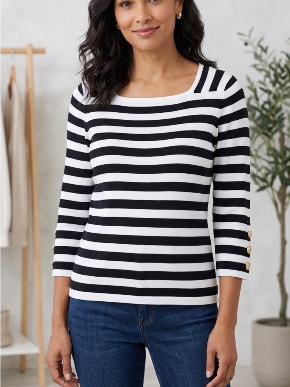 Draper's & Damon's Petite Striped Knit Top PM Square Neck Crest Button Accent